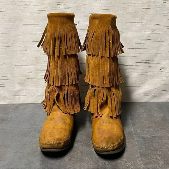 Minnetonka Women’s 3-Layer Fringe Brown Suede Leather Boots Size 8 - Picture 5 of 16
